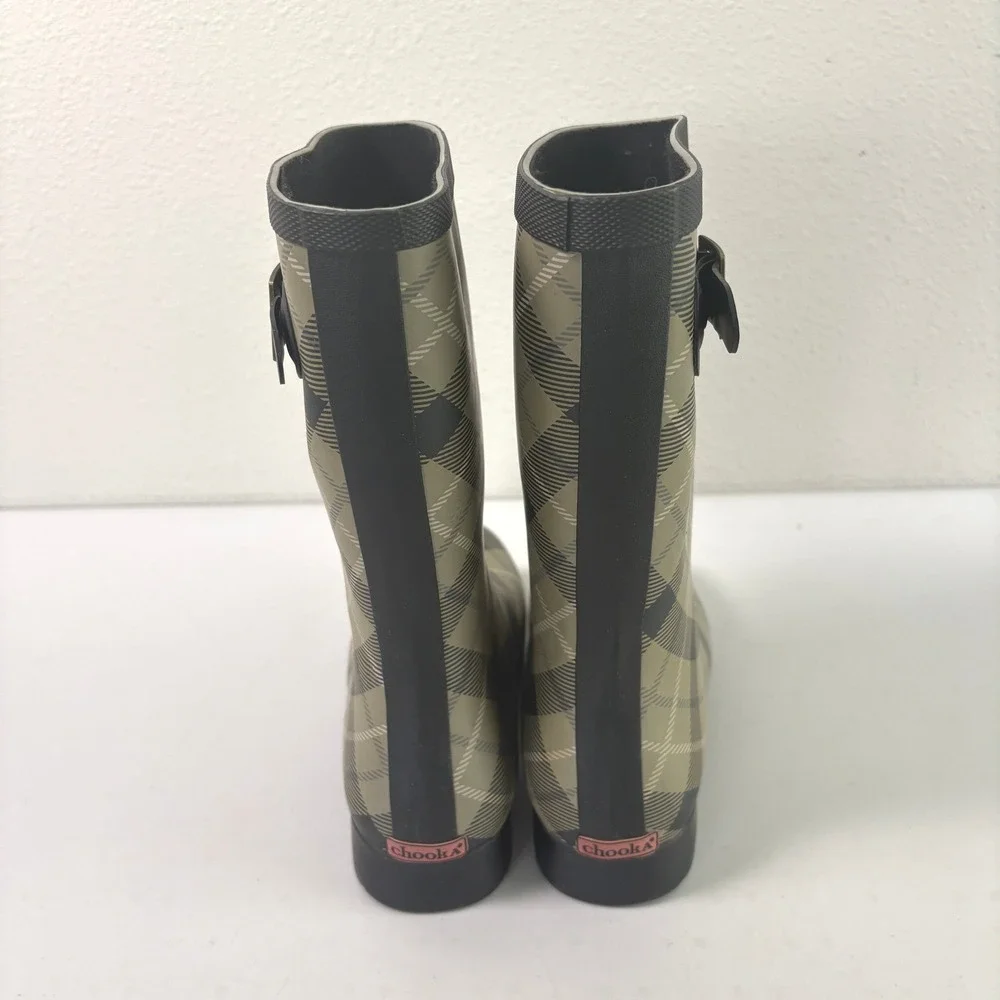 Chooka Rain Boots Womens 7 Olive Black Eastlake Plaid Mid Pebble Rubber Buckle
